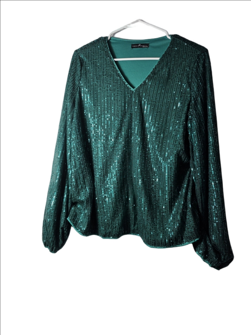 Emerald Sequin V-Neck Blouse by Emery Rose Large Like New Sequin Long Sleeve - Picture 3 of 4